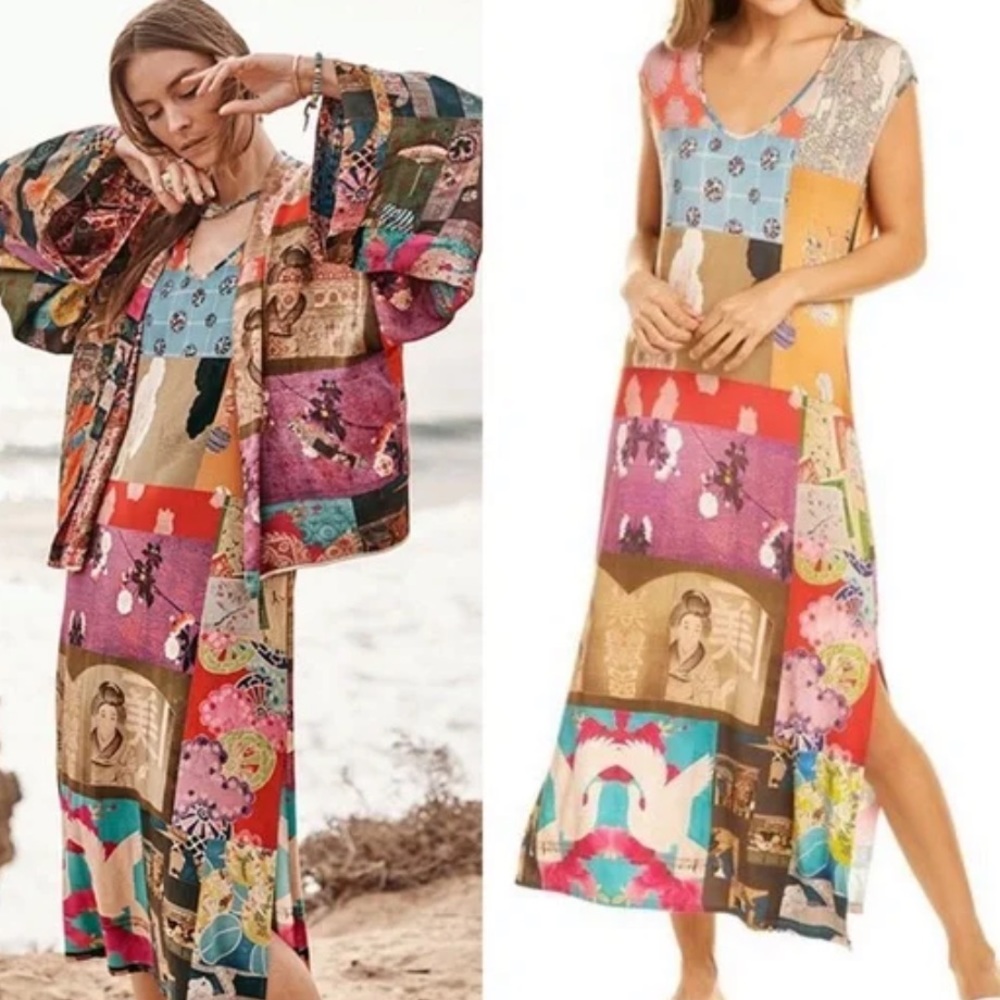 Johnny Was Multicolor Patchwork Maxi Dress - Teal, Pink, Red, Gold, Brown
